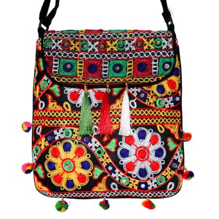Jaipuri Handmade Embroidered Cotton Sling Bag – Traditional Rajasthani Crossbody Bag with Tassels for Women